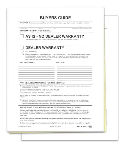 As-Is File Copy Buyers Guide for Car Dealerships - 2-Part Carbonless Forms - White, Canary - No Adhesive or Tape - Perfect for Holder or Filing - 8-1/2" × 11