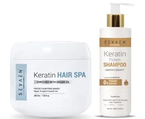 sevaen Keratin Shampoo 250ml And Hair Spa Cream 200gm,for Frizz-Free hair up to 72 hours & Salon-like smooth hair at home.