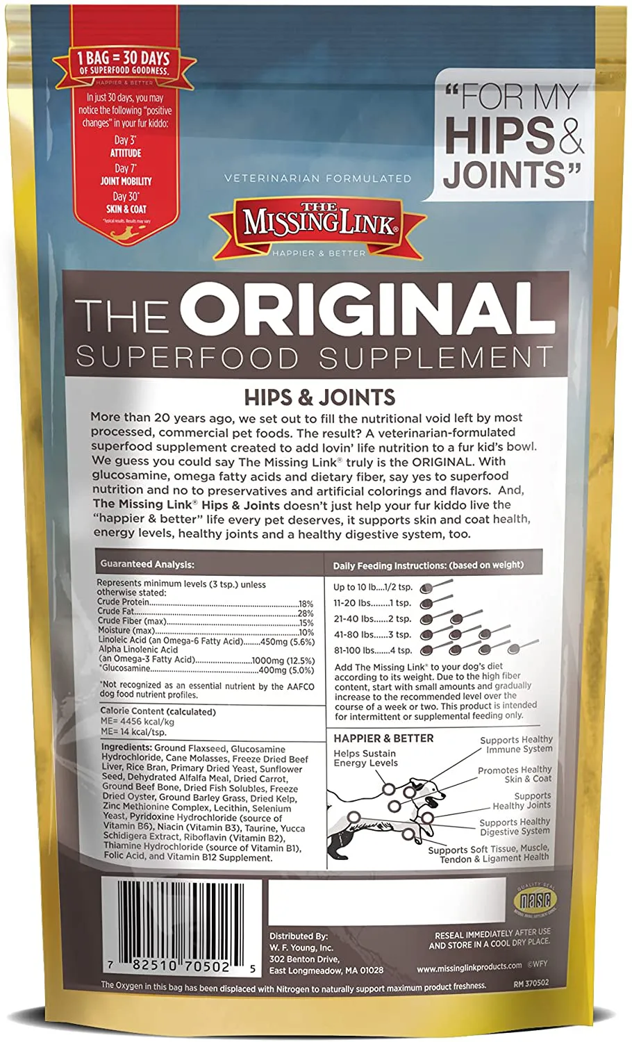 The Missing Link Original Hips & Joints Powder, All-Natural Veterinarian Formulated Superfood Dog Supplement, Balanced Omegas 3 & 6   Glucosamine   Dietary Fiber for Mobility & Digestive Health