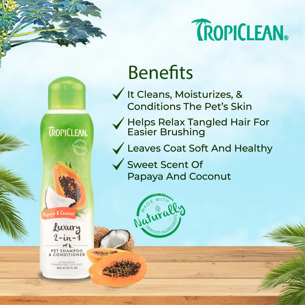 Tropiclean Papaya & Coconut 2 in 1 Shampoo & Conditioner for Dogs and Cats