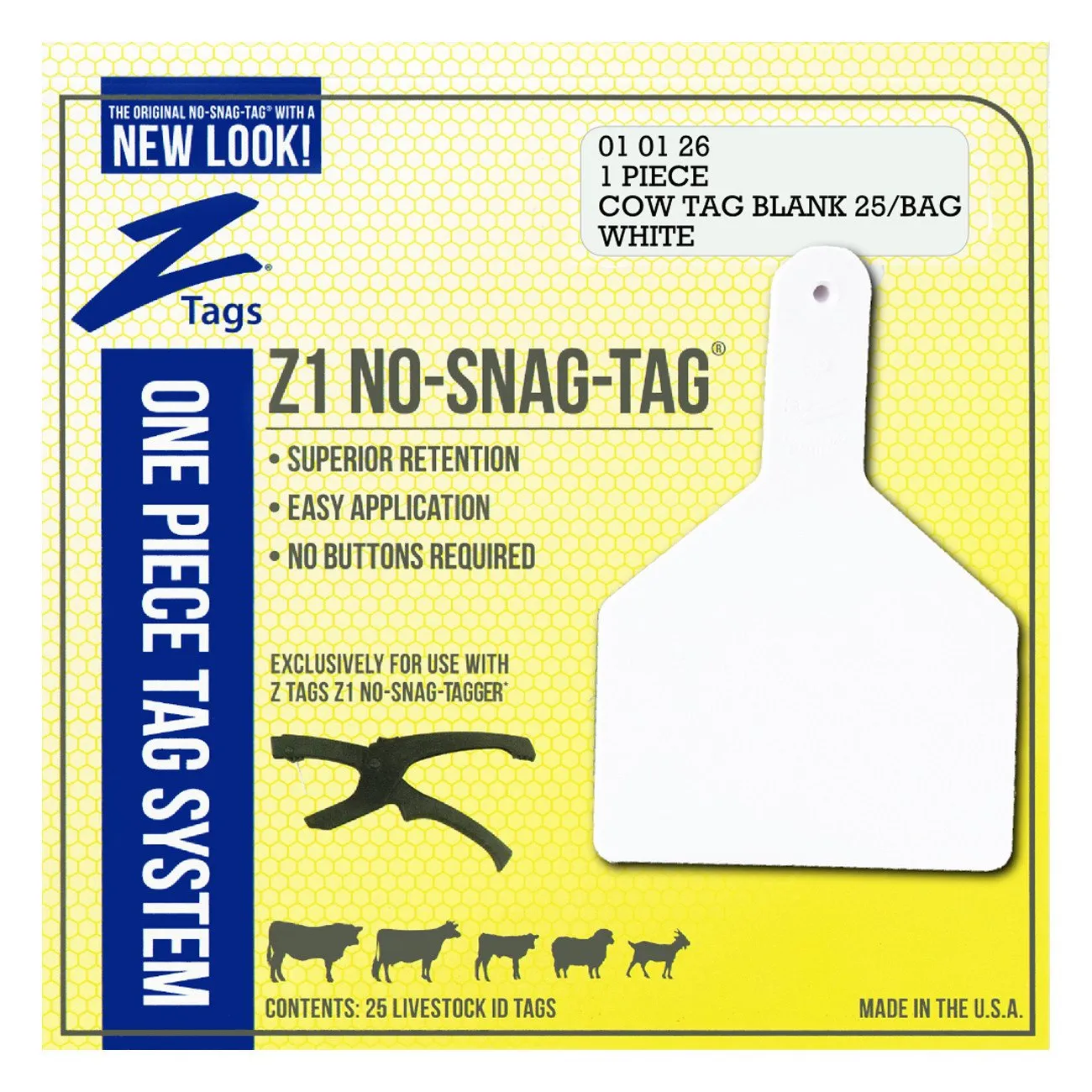 Z Tags 1 piece cow blank (White) 25 pack